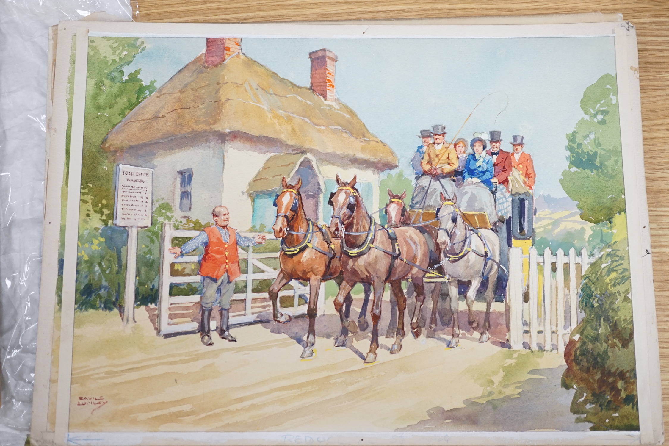 Savile Lumley (1876–1960), four watercolour greeting card designs, Three coaching scenes and Kentish snow scene, signed, 26 x 35cm, unframed